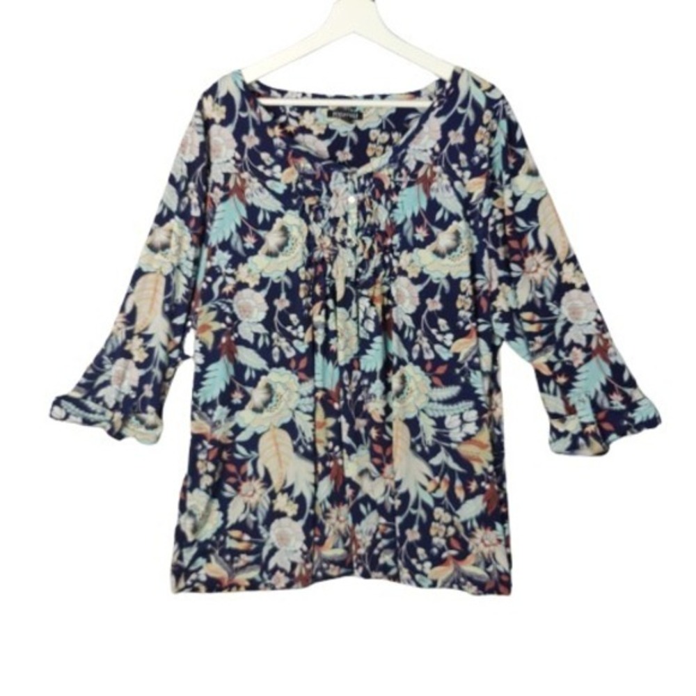 Roz & Ali Women Cottagecore Floral Botanical Top 3X Navy Blue Pintuck 3/4 Sleeve